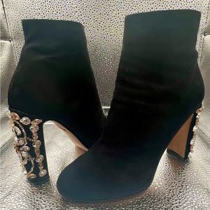 Dolce & Gabbana Embellished Crystal Black Suede Block Heel Booties Boots 37 7